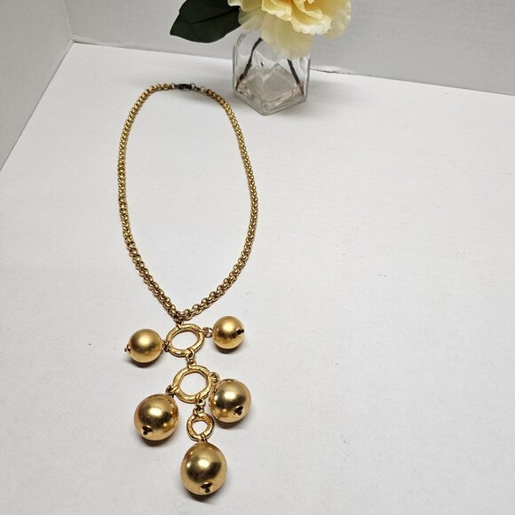 Signed POGGI Paris French Coutre Gold Tone Statement Necklace Pear Ball Drop - Picture 2 of 14